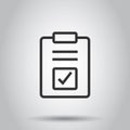 Document checkbox icon in flat style. Test vector illustration on white isolated background. Contract business concept