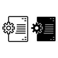 Document and cogwheel line and glyph icon. Document in developing vector illustration isolated on white. File and gear