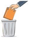 Document disposal illustration: Hand putting paperwork into a trash container, discarded folder concept Royalty Free Stock Photo