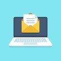 Document email on notebook. Mail letter with documents for signing on computer screen. Inbox notification vector illustration
