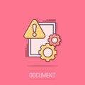 Document error icon in comic style. Broken report cartoon vector illustration on isolated background. Damaged splash effect Royalty Free Stock Photo