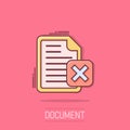 Document error icon in comic style. Broken report cartoon vector illustration on isolated background. Damaged splash effect Royalty Free Stock Photo