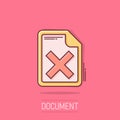 Document error icon in comic style. Broken report cartoon vector illustration on isolated background. Damaged splash effect Royalty Free Stock Photo