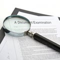 Document examination with magnifying glass and text sheet isolated on white background