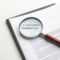 Document examination with magnifying glass and text sheet isolated on white background