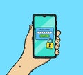 Hand-drawn illustration of a hand holding a phone with locked access. Royalty Free Stock Photo