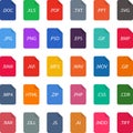 Document File Types and Extensions. Set of pdf, doc, jpg, xls, zip. Graphic templates for ui. Common Types of File Formats