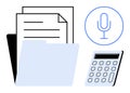 Document Files, Calculator, and Microphone Representing Organization and Digital Communication Royalty Free Stock Photo