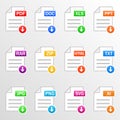 Document files. Icon set. Download file formats - pdf, doc, xls, ppt, rar, zip, html, txt, jpg, png, svg, ai. Vector