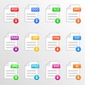 Document files. Icon set. Download file formats - pdf, doc, xls, ppt, rar, zip, html, txt, jpg, png, svg, ai. Vector Royalty Free Stock Photo