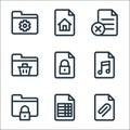 Document and files line icons. linear set. quality vector line set such as add, spreadsheet, folder, music, secret, folder, file,