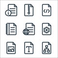 document and files line icons. linear set. quality vector line set such as analytics, font, picture, settings, file, file, coding Royalty Free Stock Photo