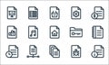 Document and files line icons. linear set. quality vector line set such as file, file, file, bug, video, folder, settings,