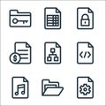 Document and files line icons. linear set. quality vector line set such as settings, folder, music, coding, analytics, file, Royalty Free Stock Photo