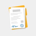Document, folder with stamp and text icon in flat style. White papers vector illustration on isolated background. Confirmed or Royalty Free Stock Photo
