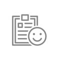 Document with happy face line icon. Profile for charity, positive feedback, approvement symbol