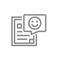 Document with happy face in speech bubble line icon. Like, positive feedback, approvement symbol