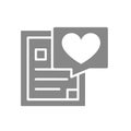 Document with heart grey icon. Donation form, chat bubble, help, charity, like, feedback symbol Royalty Free Stock Photo