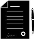 Document icon, contract with ballpoint pen, black silhouette. Royalty Free Stock Photo