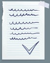 Document icon. File, text message, sheet of paper document with abstract notes and check mark sign