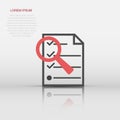 Document icon in flat style. Document files zoom illustration pictogram. Loupe with checklist sign business concept