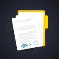 Document icon. Paper documents in folder with signature and text  contract idea. Confirmed or approved document. Vector on Royalty Free Stock Photo