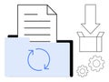 Document Management with File Folder, Synchronization Arrows, Download Box, and Settings Gears Royalty Free Stock Photo