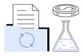 Document management, financial growth, and research analysis represented by folder, coin, and flask Royalty Free Stock Photo