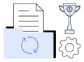 Document management and synchronization concept with folder, file, trophy, and gear icons Royalty Free Stock Photo