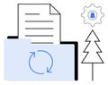 Document management and synchronization concept with folder, paper, gear icon, and tree element Royalty Free Stock Photo