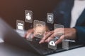 Document Management System concept. Online document file data software for efficient archiving. Businessman using a computer to Royalty Free Stock Photo