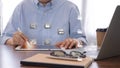 Document Management System (DMS), Businessman working on tablet shows the virtual screen with icon document.