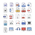 Document and media file icons in flat design style for digital content vector illustration