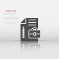 Document note with pen icon in flat style. Paper sheet pencil and briefcase vector illustration on white background. Notepad Royalty Free Stock Photo