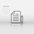 Document note with pen icon in flat style. Paper sheet pencil vector illustration on white background. Notepad document business Royalty Free Stock Photo