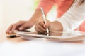 Document office Busy Business Concept: Two Businesswoman working and studying together use pen stylus tablet on documents paper