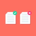 Document or Paper icon with Check mark. cross signs. Symbols YES and NO. Reject file.