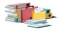 Document pile. Stacked paper sheets, messy office stationary with paper folder, chaotic paperwork. Vector isolated set