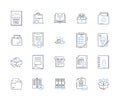 Document processing outline icons collection. Documentation, Processing, Editing, Scanning, Creating, Sharing