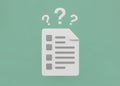 Document and question marks. FAQ on submitting a package of documents. User confusion and incomplete forms. Royalty Free Stock Photo
