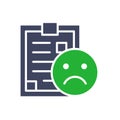 Document with sad face colored icon. Negative feedback, disapprove, rejection symbol