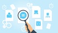 Document with search icons. File and magnifying glass. Analytics research sign. Vector Illustration hierarchical, network file,
