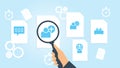 Document with search icons. File and magnifying glass. Analytics research sign. Vector Illustration interview, users file,