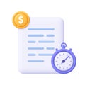 Document sheet with coin and timer. Transaction, time management, accounting and audit concept. 3d vector icon. Cartoon minimal