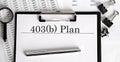 Document with sign 403b plan with chart, pen and magnifier Royalty Free Stock Photo