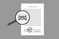 Document with signature and stamp and magnifier with car icon Royalty Free Stock Photo