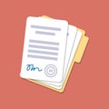 Document with signature, text. Folder and stack of papers. Law, contract concept. Vector flat design