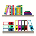 Document Storage Shelves with set of colored ring binders on white background. Office folders. Vector