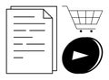 Shopping Cart, Document, and Play Button Representing E-commerce and Content Consumption Concepts Royalty Free Stock Photo