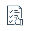 Document with thumb up line icon. Approved file, feedback letter symbol